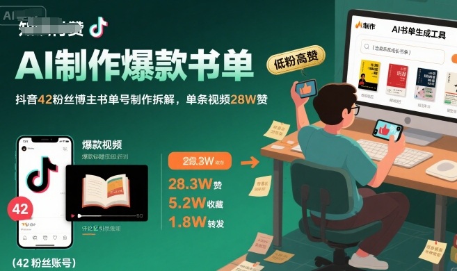 AI制作爆款书单，抖音42粉丝博主书单号制作拆解，单条视频28W赞,速发云资源网