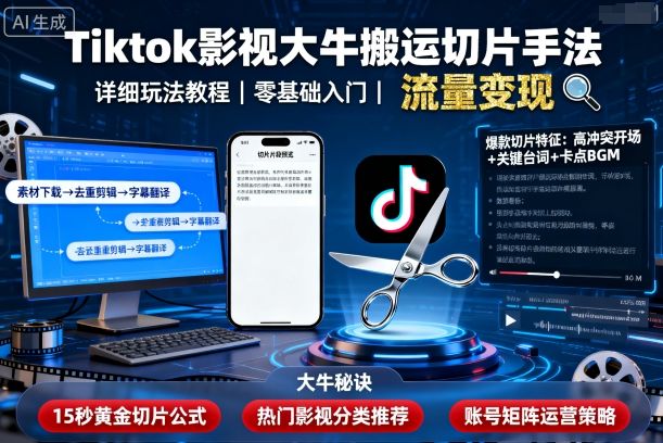Tiktok影视大牛搬运切片手法，详细玩法教程,速发云资源网