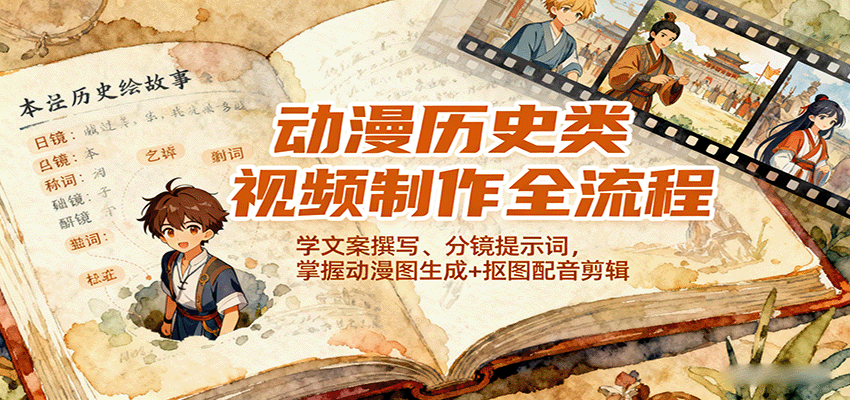 动漫历史类视频制作全流程，学文案撰写、分镜提示词，掌握动漫图生成+抠图配音剪辑,速发云资源网
