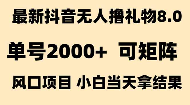 抖音无人撸礼物8.0玩法 全新风口 见效果快 全无人 单号当天产出2000+,速发云资源网