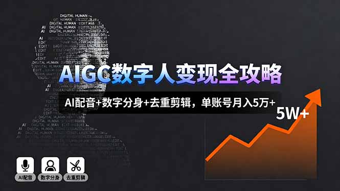 AIGC数字人变现全攻略，AI配音+数字分身+去重剪辑，单账号月入5万+,速发云资源网