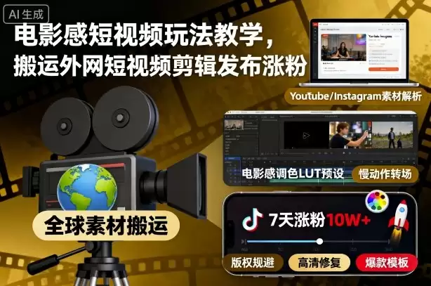 电影感短视频玩法教学，搬运外网短视频剪辑发布涨粉,速发云资源网