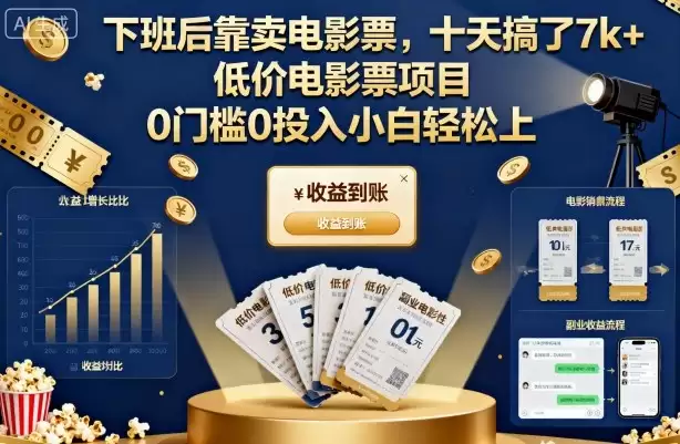 下班后靠卖电影票，十天搞了7k+，低价电影票项目，0门槛0投入小白轻松上手【揭秘】,速发云资源网