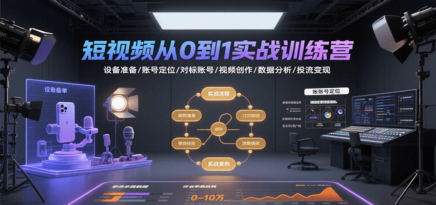 短视频从0到1实战训练营：设备准备/账号定位/对标账号/视频创作/数据分析/投流变现,速发云资源网