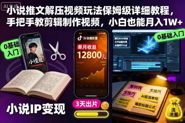 小说推文解压视频玩法保姆级详细教程，手把手教剪辑制作视频，小白也能月入1W+,速发云资源网