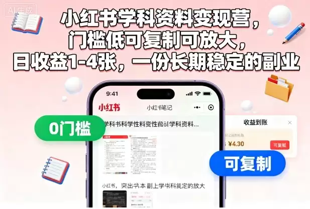 小红书学科资料变现营，门槛低可复制可放大，日收益1-4张，一份长期稳定的副业,速发云资源网