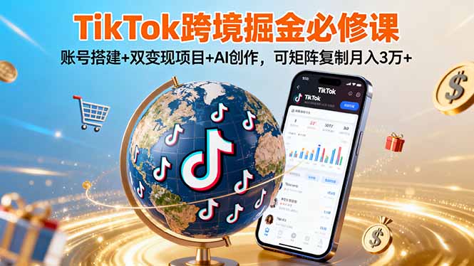 TikTo跨境掘金必修课，账号搭建+双变现项目+AI创作，可矩阵复制月入3万+,速发云资源网