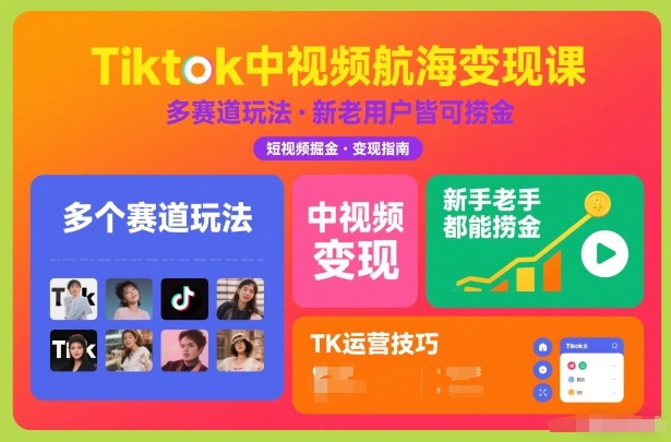 Tiktok中视频航海变现课，多个赛道玩法，新手老手都能在TK中视频捞金,速发云资源网