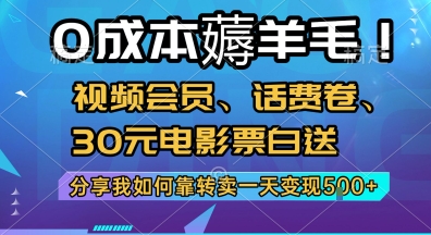 0成本薅羊毛!视频会员、话费卷、30元电影票白送，分享我如何靠转卖一天变现5张+【揭秘】,速发云资源网