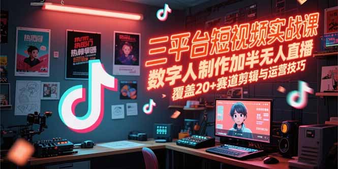 三平台短视频实战课，数字人制作加半无人直播，覆盖20+赛道剪辑与运营技巧,速发云资源网