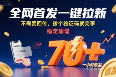 全网首发一键拉新项目，不需要回传，接个验证码就完事，稳定靠谱，一小时收益70+【揭秘】,速发云资源网