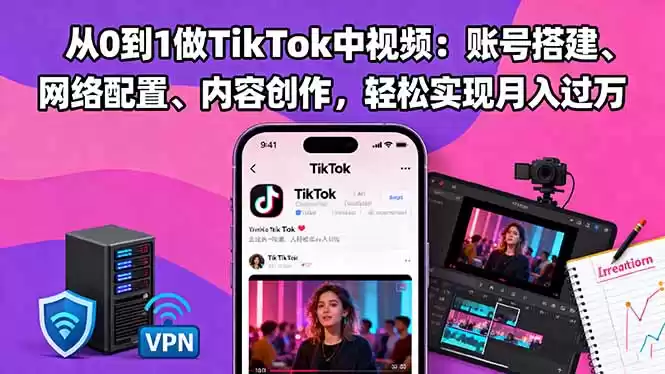 从0到1做TikTok中视频：账号搭建、网络配置、内容创作，轻松实现月入过万,速发云资源网