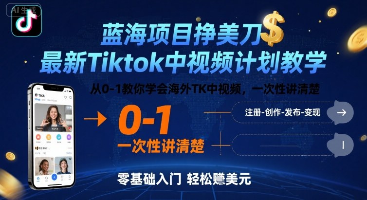 蓝海项目挣美刀，最新Tiktok中视频计划教学，从0-1教你学会海外TK中视频，一次性讲清楚,速发云资源网