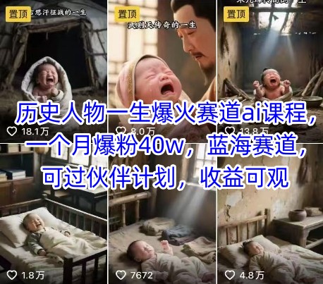 历史人物一生爆火赛道ai课程，一个月爆粉40w，蓝海赛道，可过伙伴计划，收益可观,速发云资源网