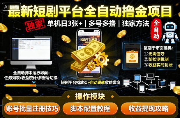 最新短剧平台全自动挂G撸金项目，单机一天3张+，多号多撸，区别于市面所有挂机项目，独家方法【揭秘】,速发云资源网