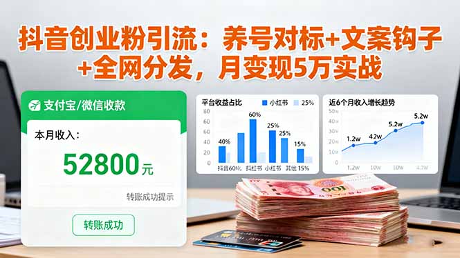抖音创业粉引流：养号对标+文案钩子+全网分发，月变现5万实战,速发云资源网