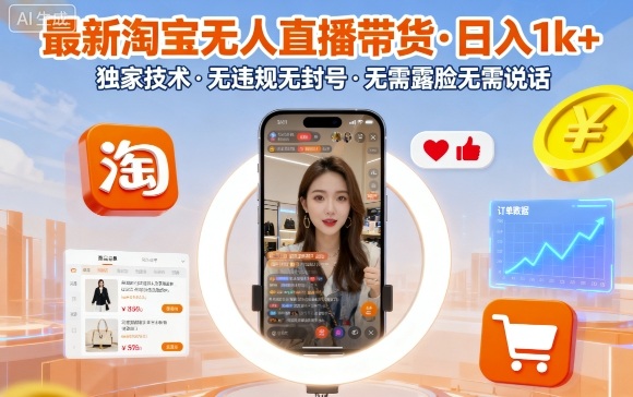 最新淘宝无人直播带货，日入1k+，独家技术，无违规无封号，无需露脸无需说话【揭秘】,速发云资源网