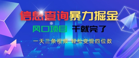 信息查询暴力掘金，一天三条视频，轻松变现四位数，风口项目干就完了【揭秘】,速发云资源网