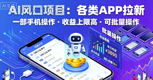 AI风口项目，各类APP拉新，一部手机就可以操作，收益上限高，可批量操作,速发云资源网