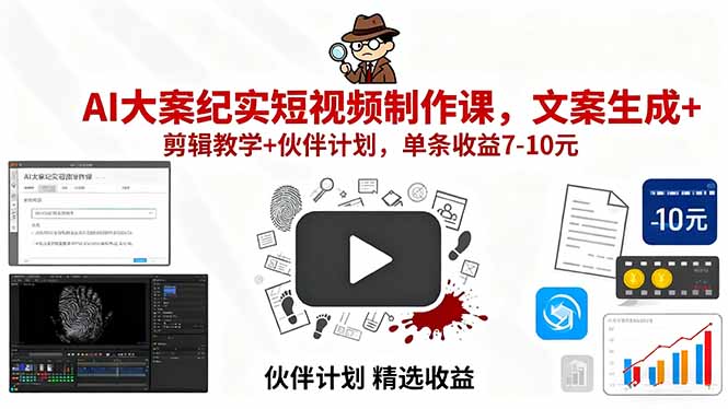 AI大案纪实短视频制作课，文案生成+剪辑教学+伙伴计划，单条收益7-10元,速发云资源网