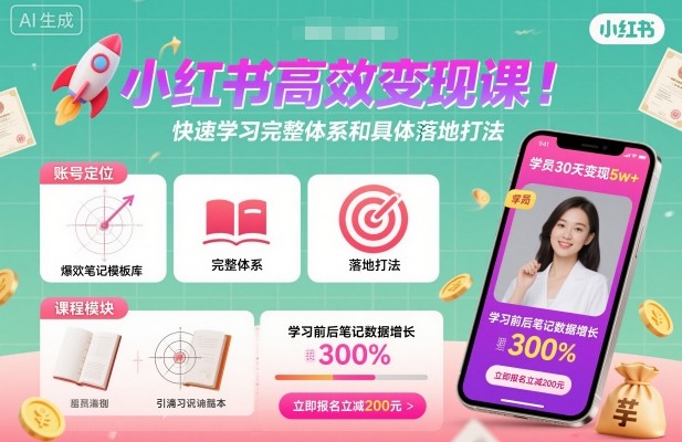 小红书高效变现课，快速学习小红书完整体系和具体落地打法,速发云资源网