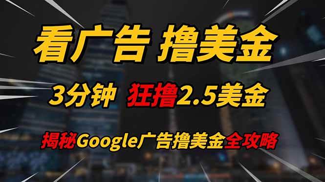 （14701期）看广告，撸美金！！3分钟赚2.5美金！！日入200美金不是梦！揭秘Google…,速发云资源网