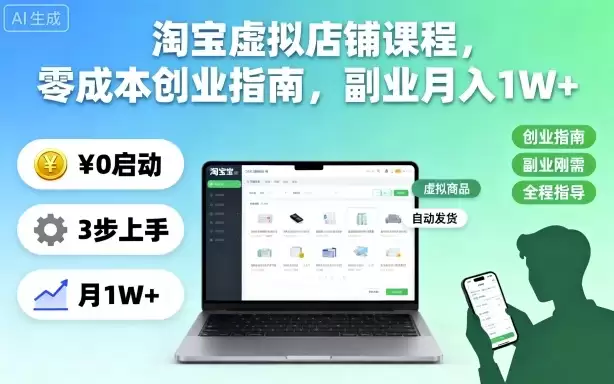 淘宝虚拟店铺课程，零成本创业指南，副业月入1W+,速发云资源网