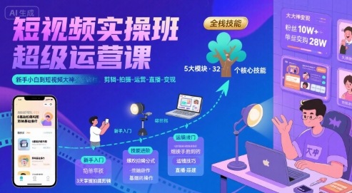 短视频实操班超级运营课，新手小白到短视频大神必修课程，剪辑-拍摄-运营-直播-变现,速发云资源网