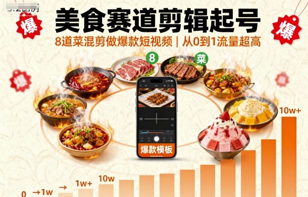 美食赛道剪辑起号，8道菜混剪做爆款短视频，从0到1，流量超高,速发云资源网