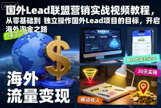 国外Lead联盟营销实战视频教程，从零基础到独立操作国外Lead项目的目标，开启海外淘金之路,速发云资源网