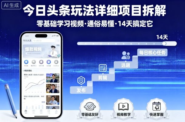 今日头条玩法详细项目拆解，零基础学习视频 通俗易懂 14天搞定它,速发云资源网