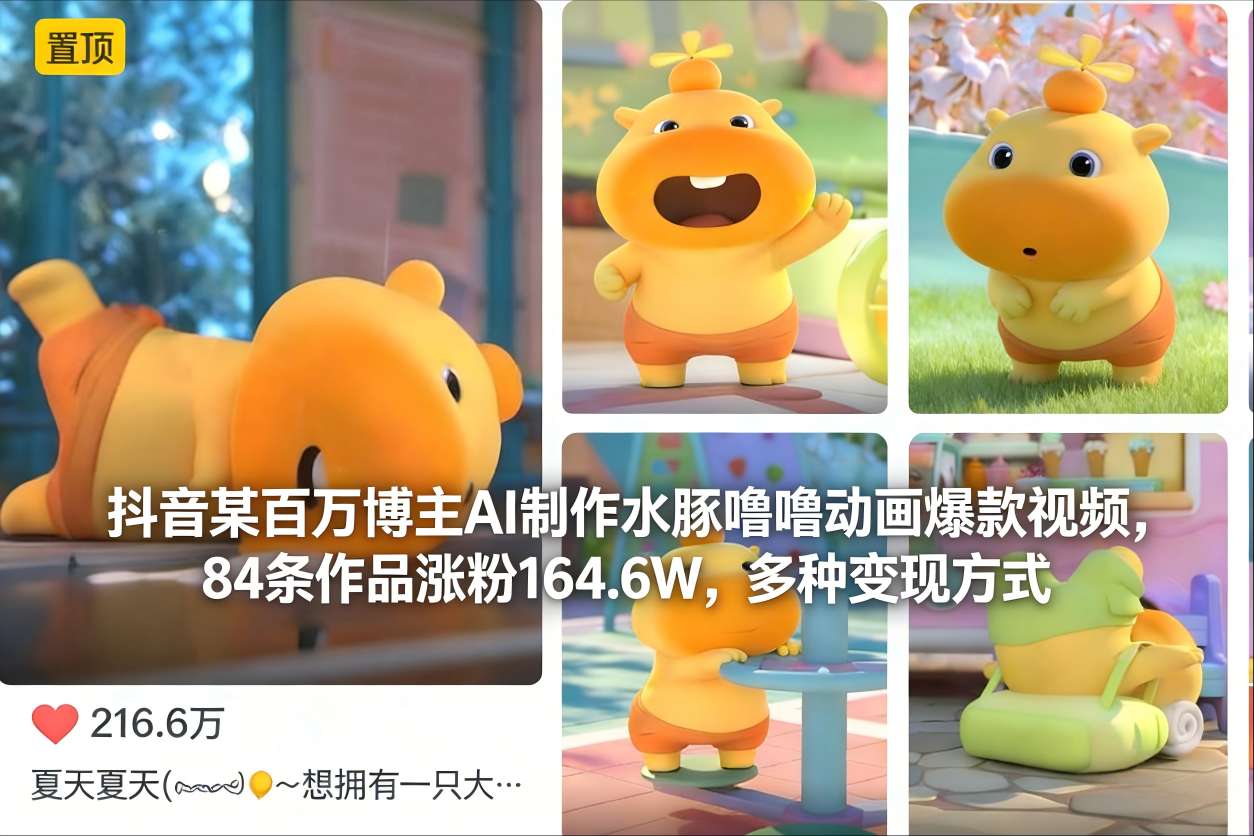 抖音某百万博主AI制作水豚噜噜动画爆款视频，84条作品涨粉164.6W，多种变现方式,速发云资源网