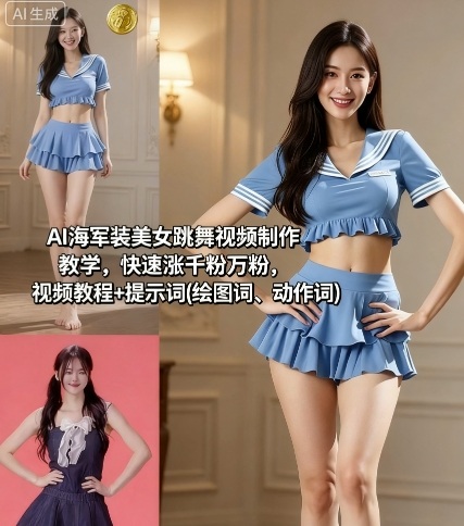AI海军装美女跳舞视频制作教学，快速涨千粉万粉，视频教程+提示词(绘图词、动作词),速发云资源网