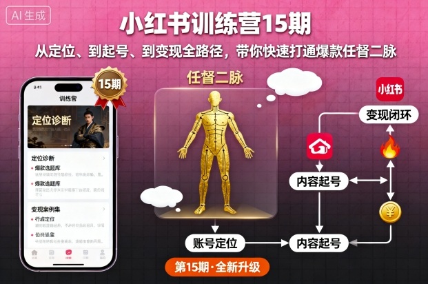 小红书训练营15期，从定位、到起号、到变现全路径，带你快速打通爆款任督二脉,速发云资源网